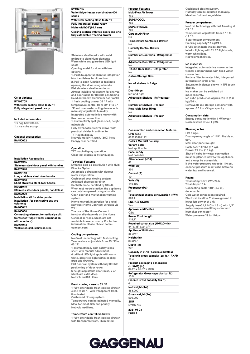 Page 1 de la notice Fiche technique Gaggenau RY492705