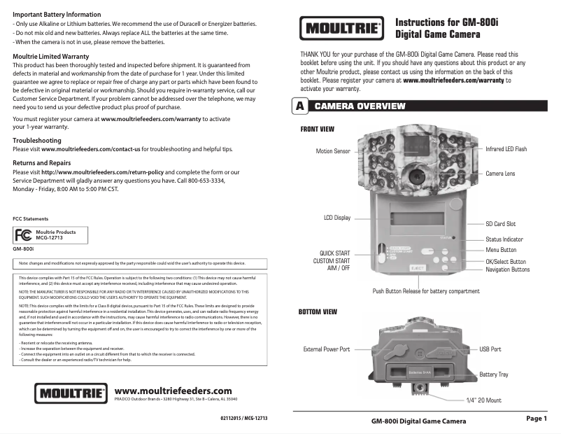 Page 1 of the manual User Manual Moultrie GM-800i