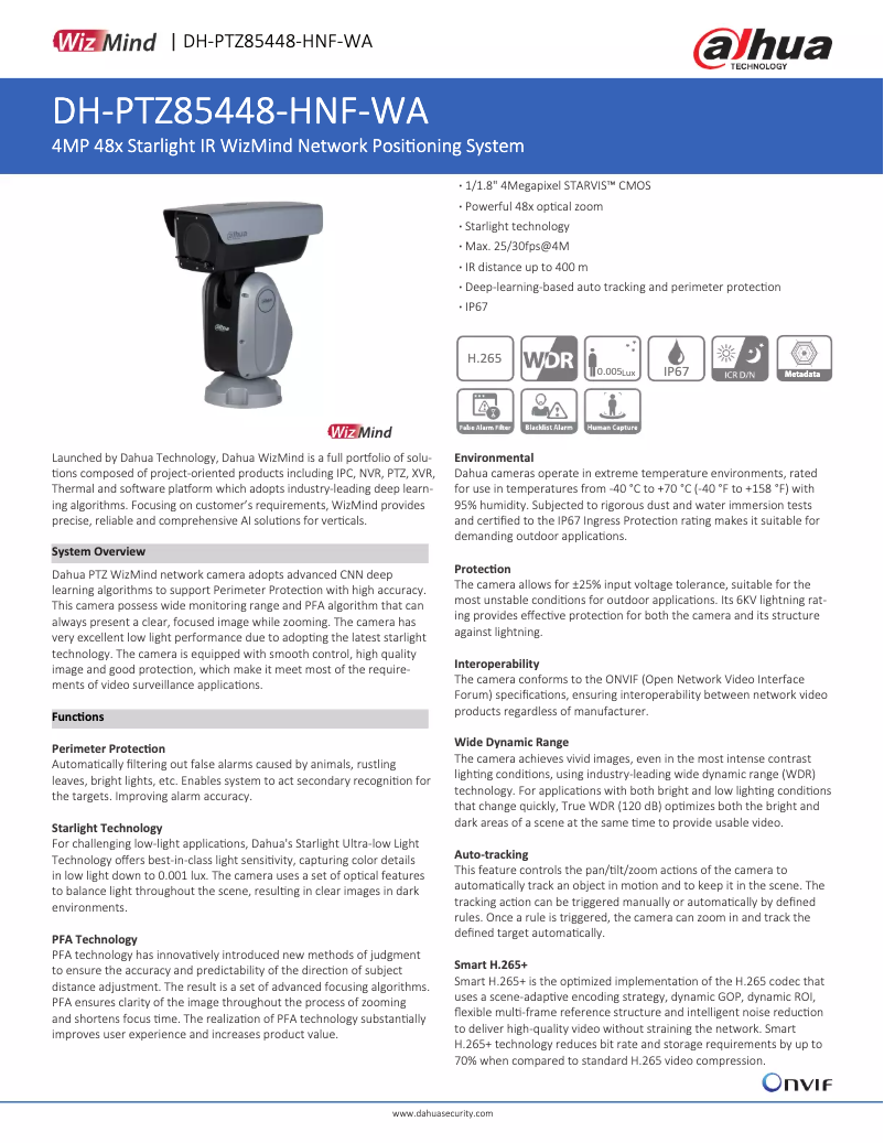 Page 1 de la notice Fiche technique Dahua Technology PTZ85448-HNF-WA