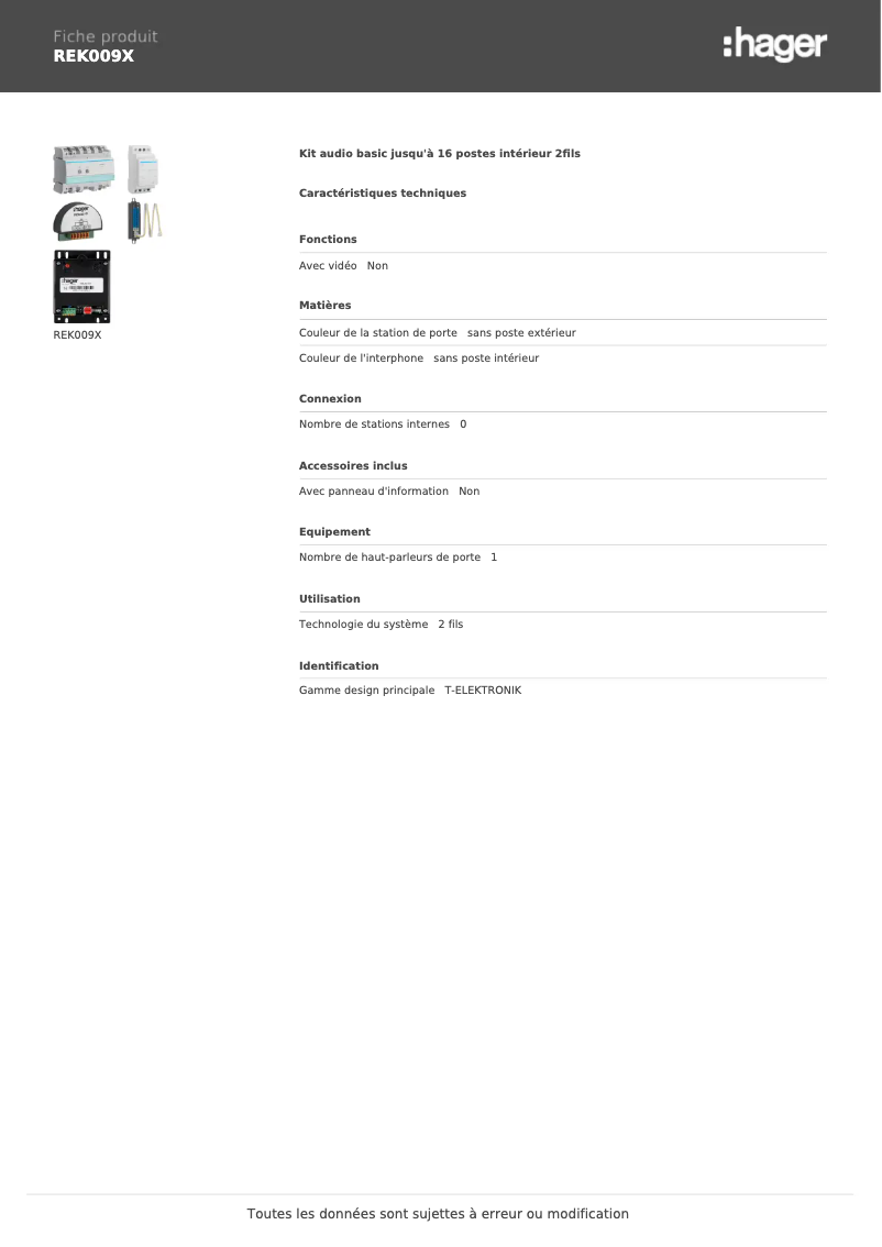 Page 1 of the manual Technical Sheet Hager REK009X