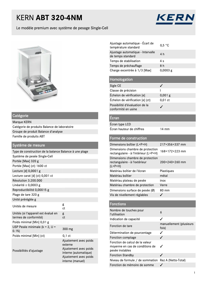 Page 1 de la notice Fiche technique Kern ABT 320-4NM