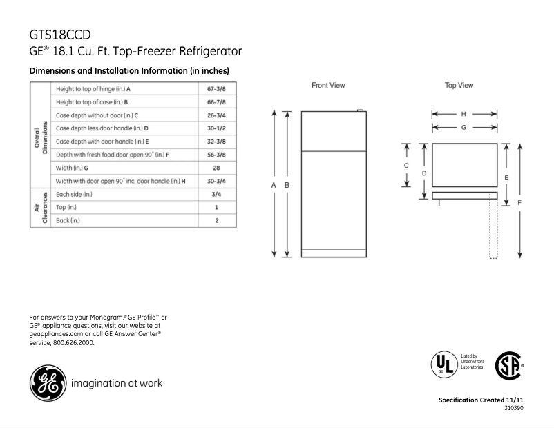 Page 1 de la notice Fiche technique GE GTS18CCDBB