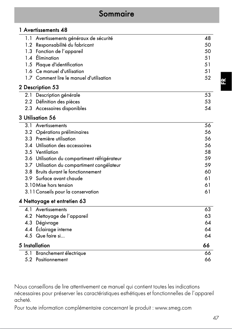 Page 1 de la notice Manuel utilisateur Smeg FAB28RDMM5