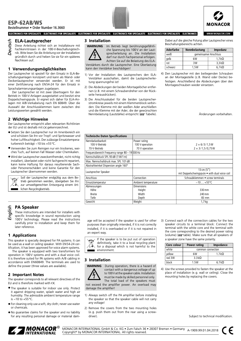 Page 1 de la notice Manuel utilisateur Monacor ESP-62AB/WS