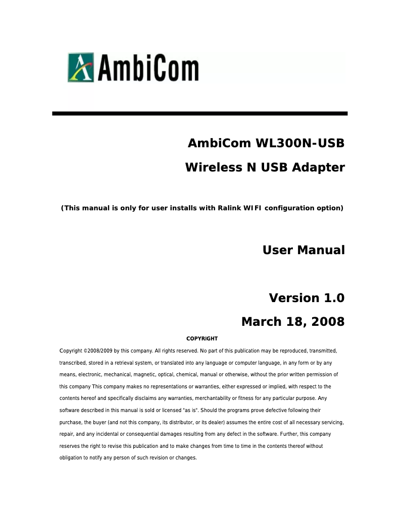 Page 1 de la notice Manuel utilisateur AmbiCom WL300N-USB