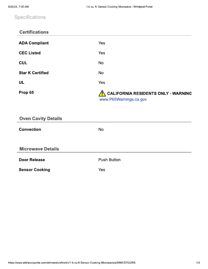 Página 1 del manual Ficha técnica Whirlpool WMCS7022RS