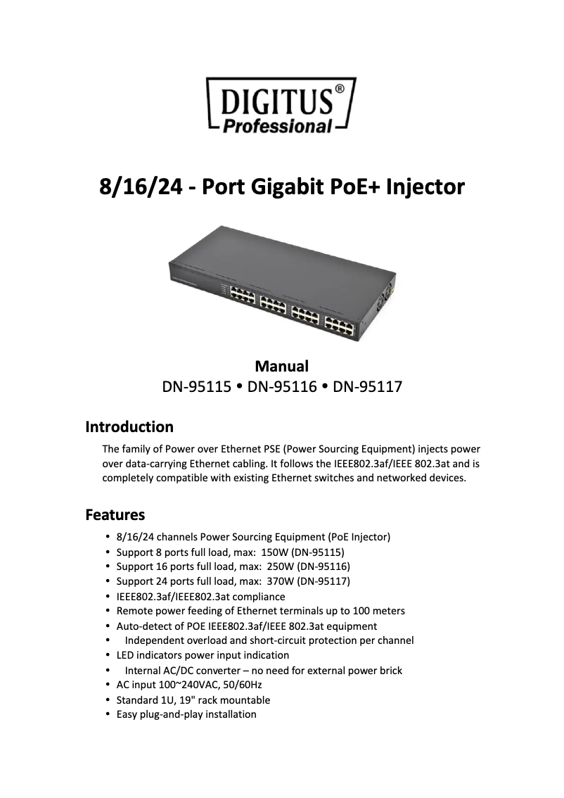 Page 1 de la notice Manuel utilisateur Digitus DN-95116