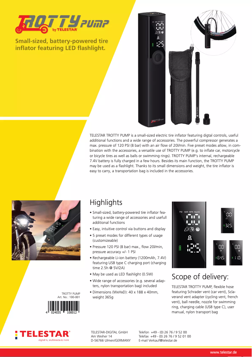 Page 1 de la notice Fiche technique Telestar Trotty Pump