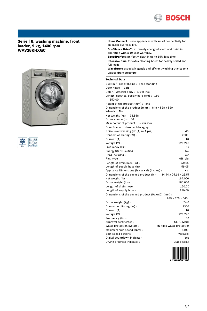 Page 1 de la notice Fiche technique Bosch WAV28KHXGC