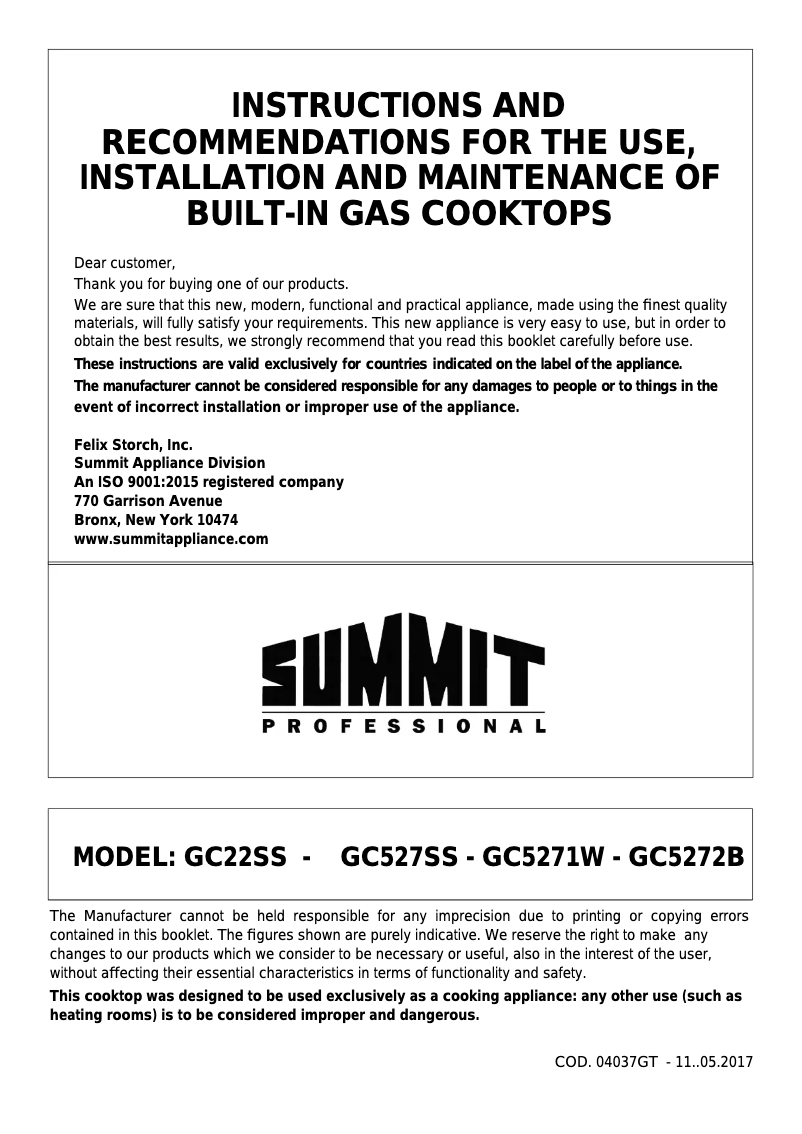 Page 1 de la notice Manuel utilisateur Summit GC527SS