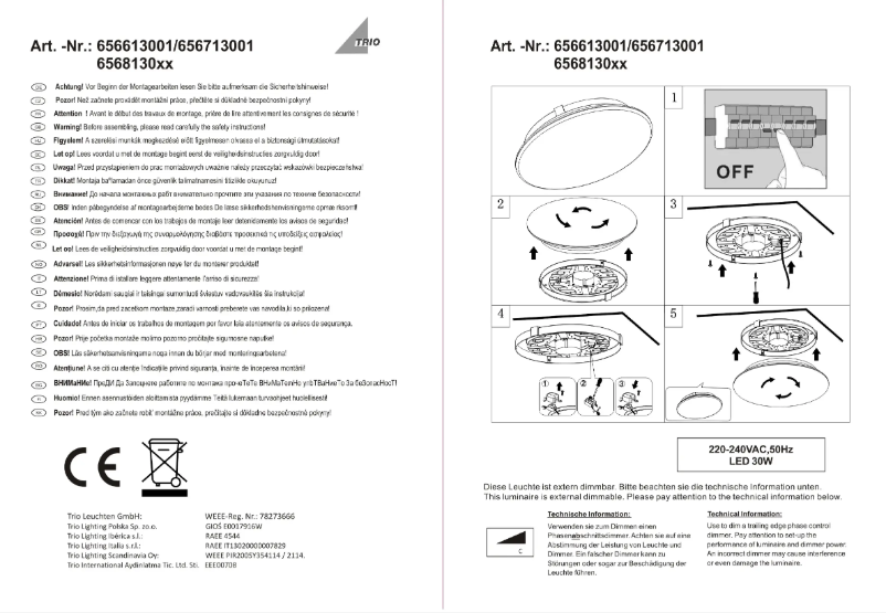 Page 1 de la notice Manuel utilisateur Trio Lighting Alabaster 656613001