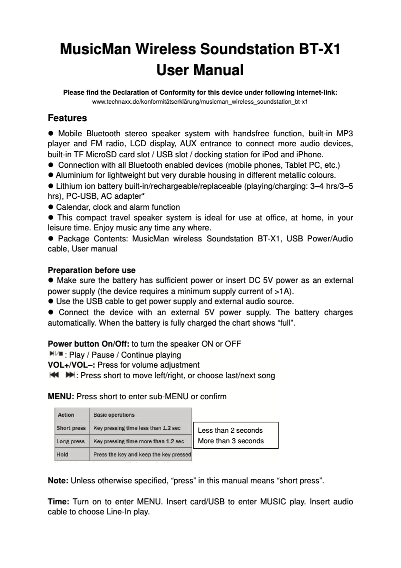 Page 1 de la notice Manuel utilisateur Technaxx BT-X1