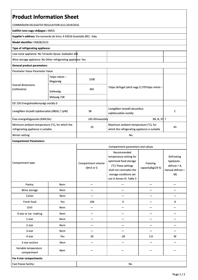 Página 1 del manual Ficha técnica Smeg FAB28LDUJ3