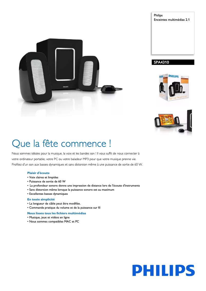Page 1 de la notice Fiche technique Philips SPA4310