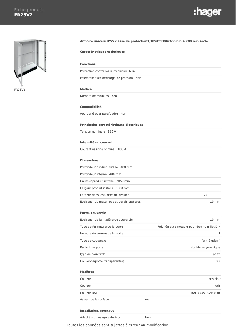 Página 1 del manual Ficha técnica Hager FR25V2