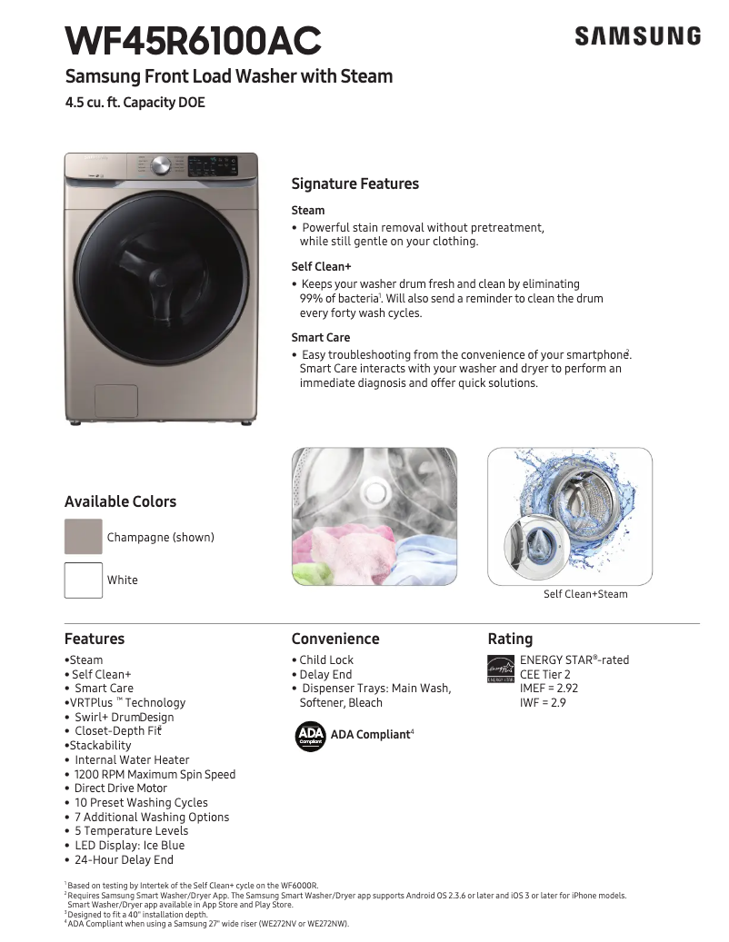 Página 1 del manual Ficha técnica Samsung WF45R6100AW