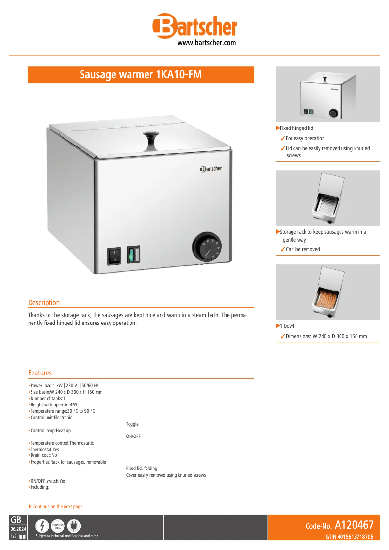 Page 1 de la notice Fiche technique Bartscher 1KA10-FM