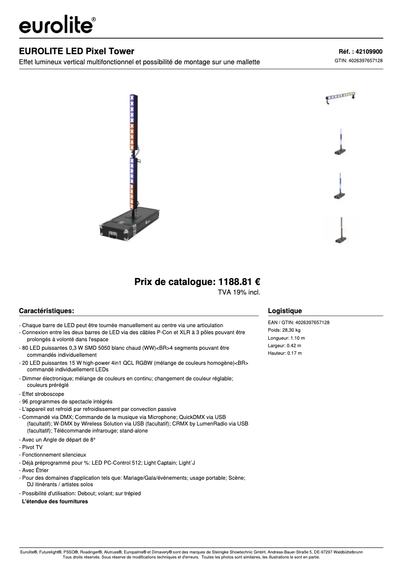 Page 1 de la notice Fiche technique Eurolite LED Pixel Tower