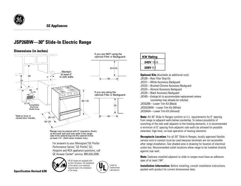 Página 1 del manual Ficha técnica GE JSP26BWWH