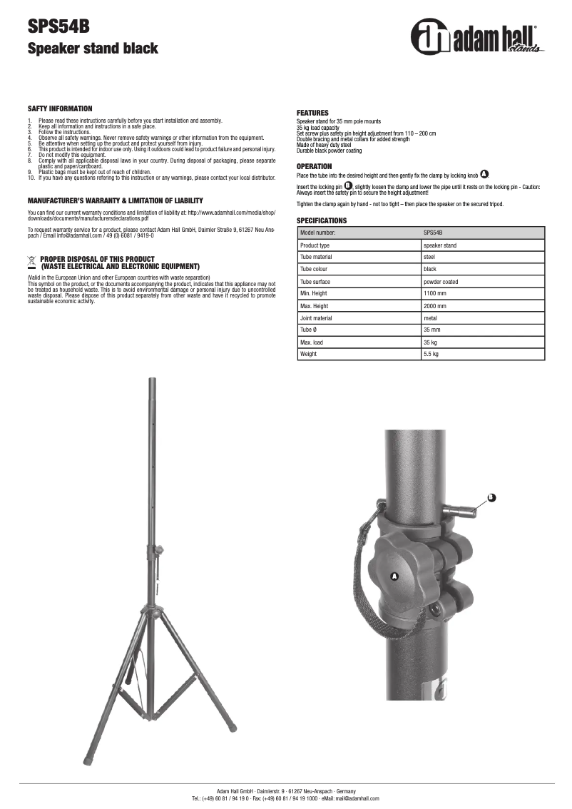 Page 1 de la notice Manuel utilisateur Adam Hall SPS54B