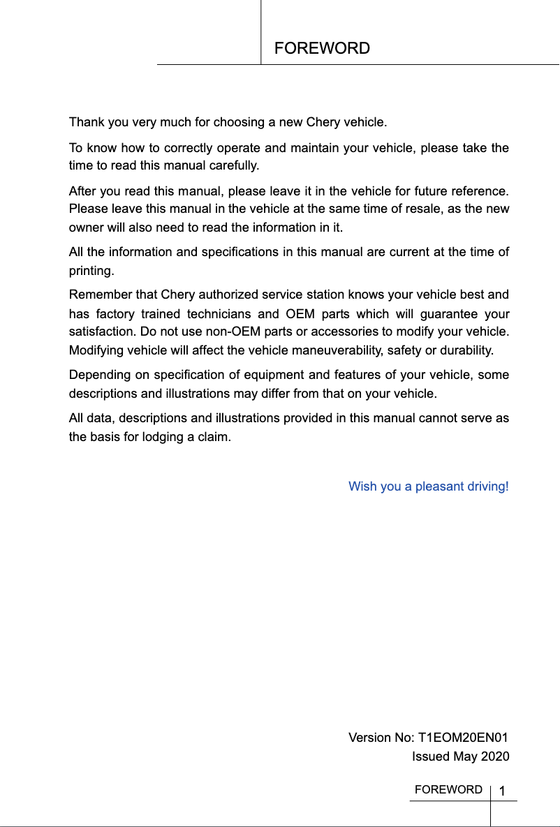 Page 1 de la notice Manuel utilisateur Chery Tiggo 7 Pro