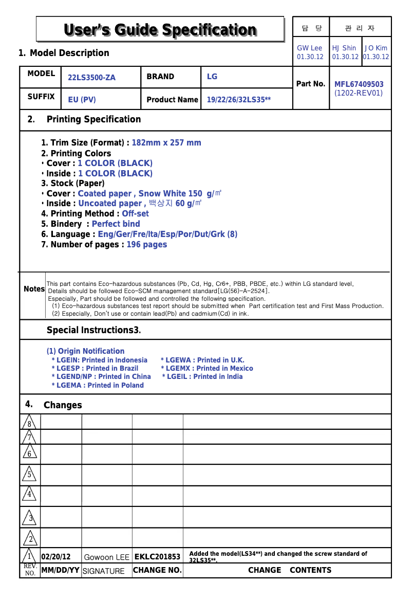 Page 1 de la notice Manuel utilisateur LG 32LS359S
