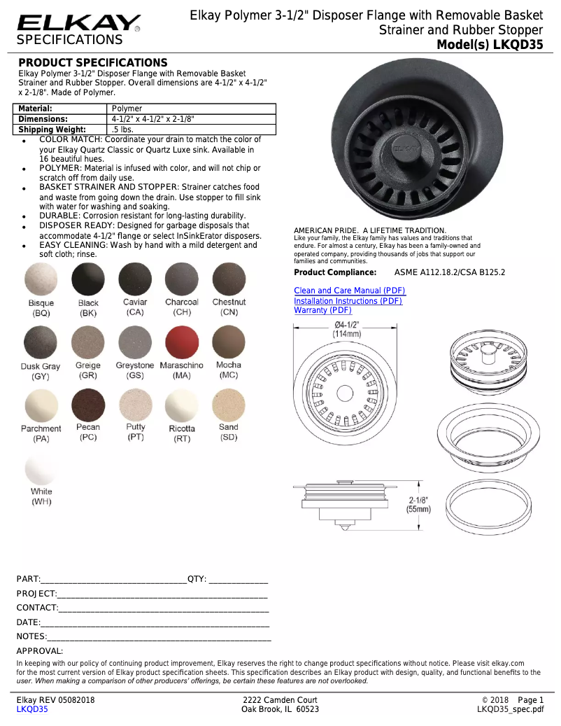 Página 1 del manual Ficha técnica Elkay LKQD35PC