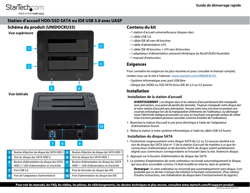 Page 1 de la notice Manuel utilisateur StarTech.com UNIDOCKU33
