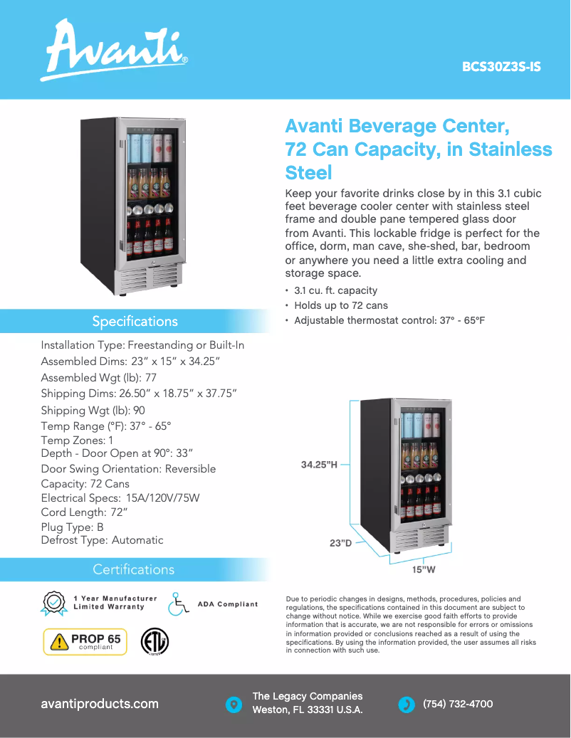 Page 1 de la notice Fiche technique Avanti BCS30Z3S-IS