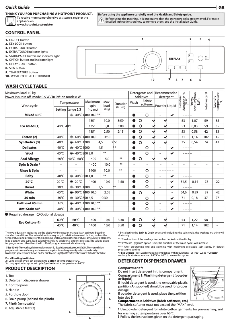 Page 1 of the manual User Manual Hotpoint NSWM 1043C W UK N