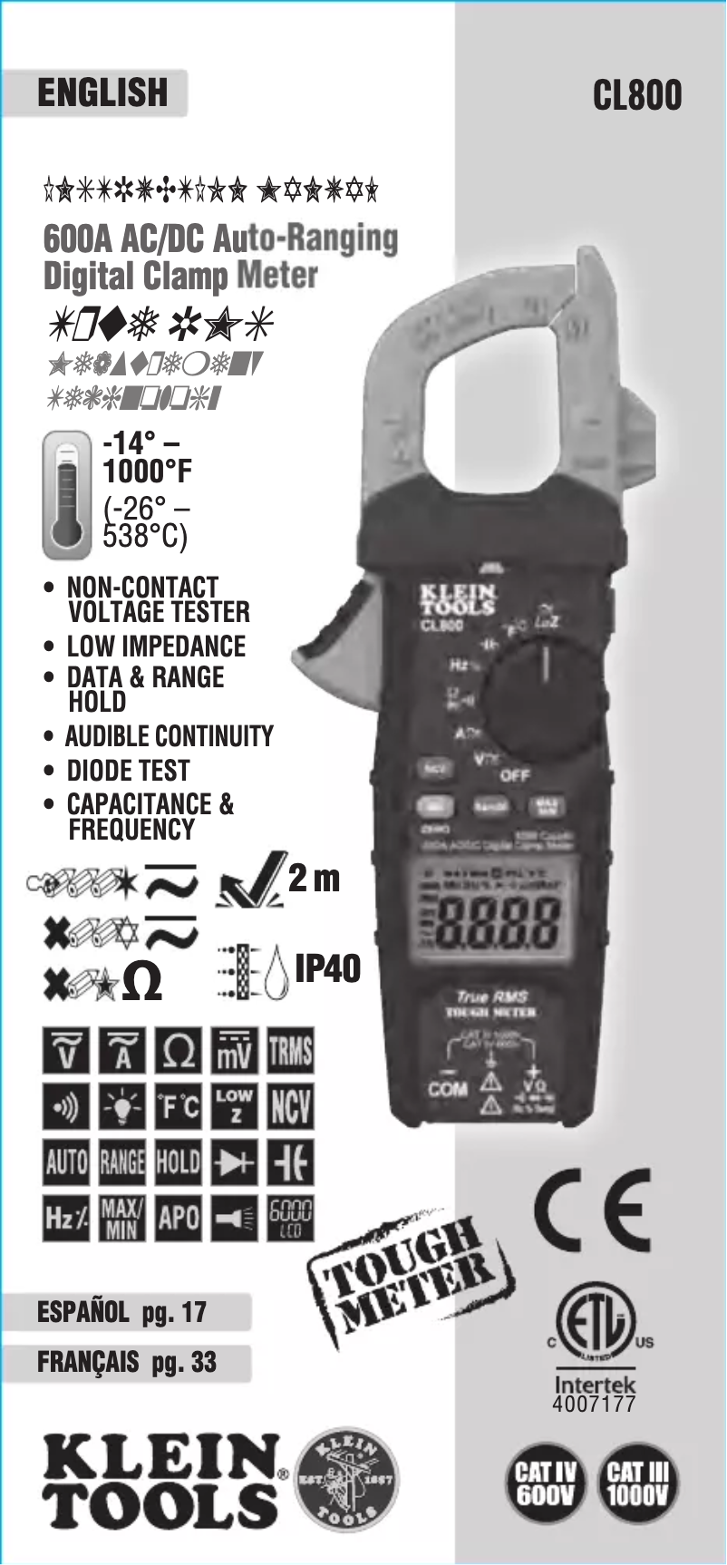 Page 1 de la notice Guide d'installation Klein Tools CL800