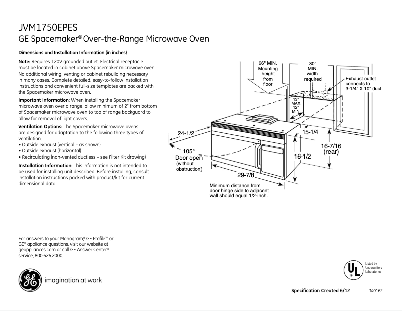 Página 1 del manual Ficha técnica GE JVM1750EPES