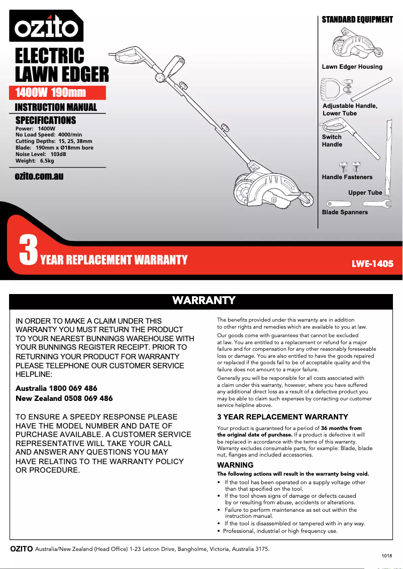 Page 1 de la notice Manuel utilisateur Ozito LWE-1405