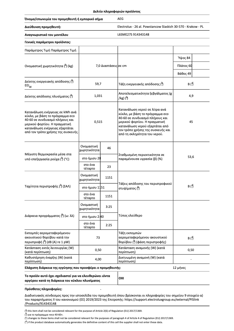Página 1 del manual Ficha técnica AEG L6SME27S