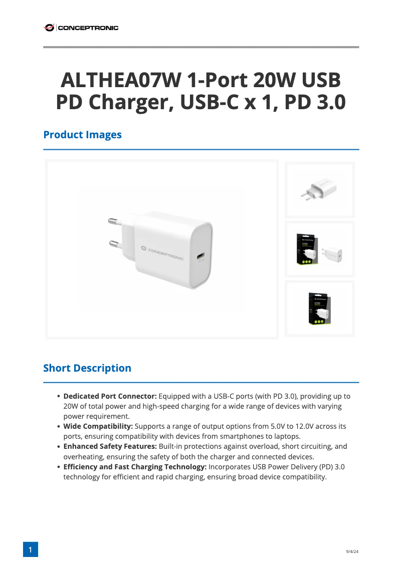 Page 1 de la notice Fiche technique Equip ALTHEA07W