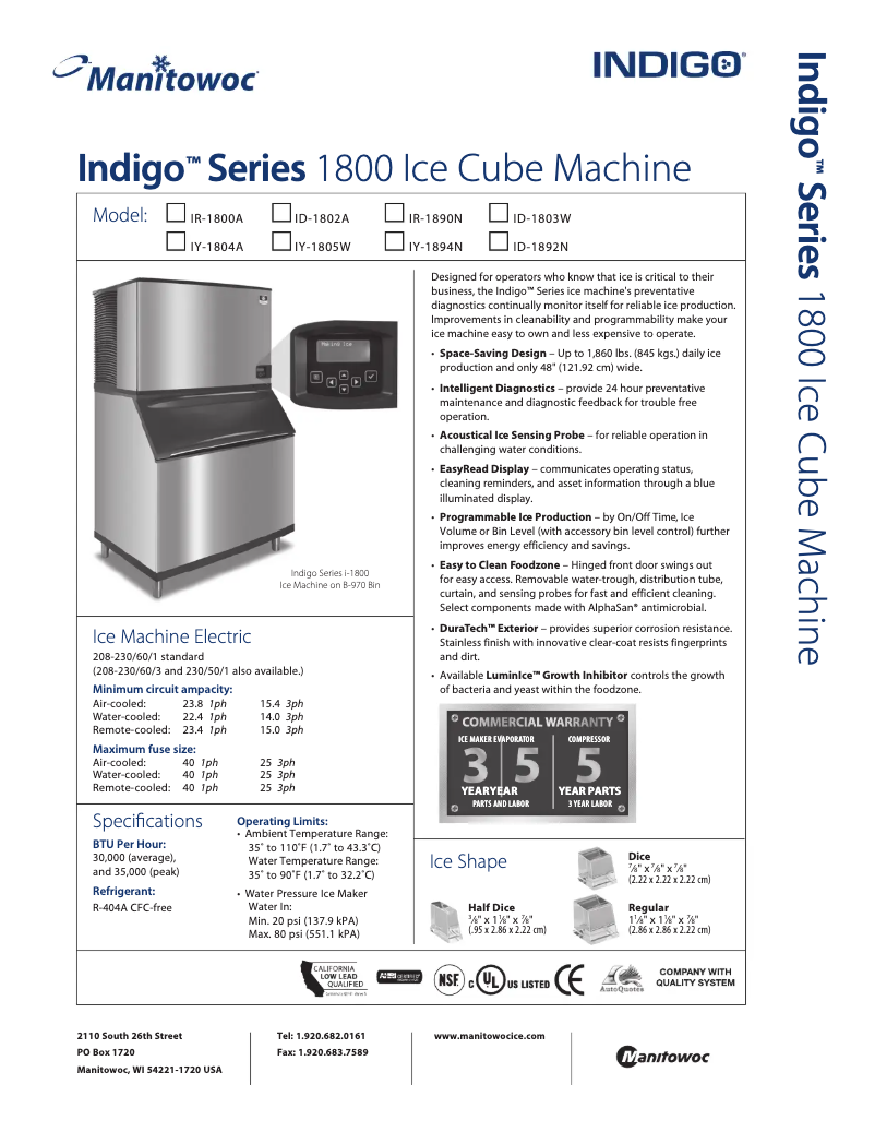 Página 1 del manual Ficha técnica Manitowoc IY-1804A