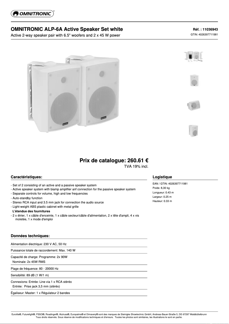 Page 1 de la notice Fiche technique Omnitronic ALP-6A