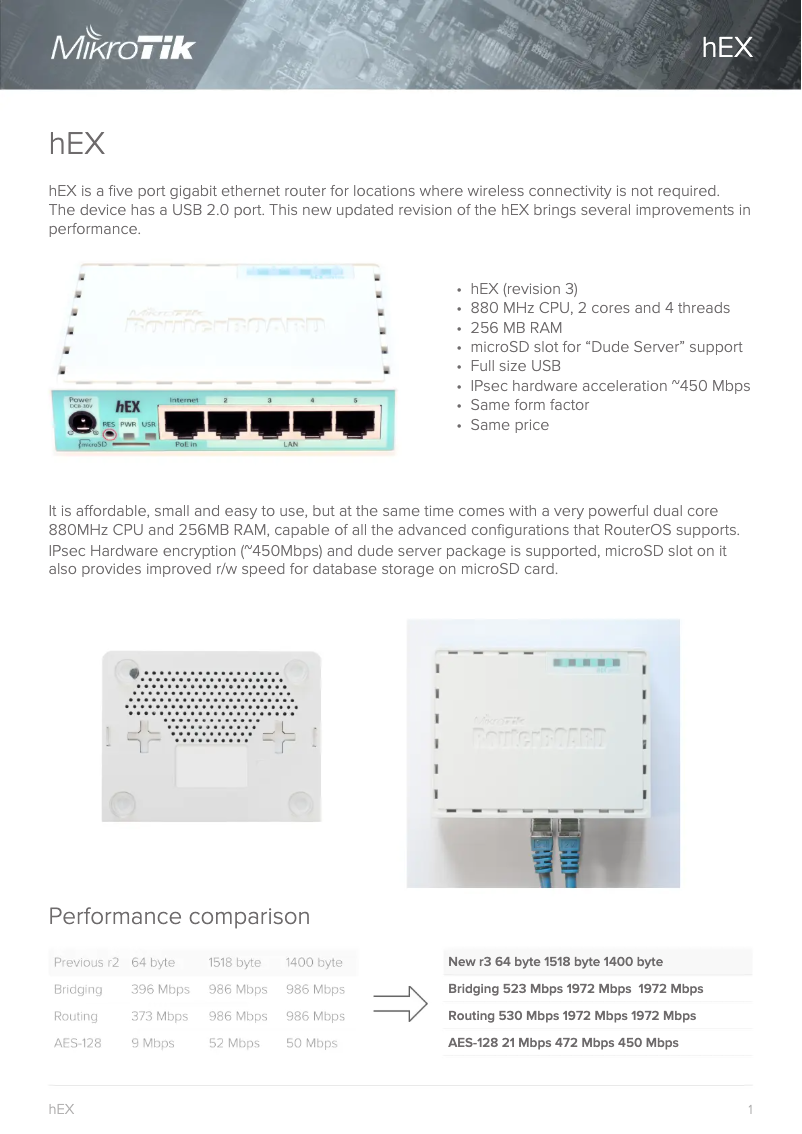 Page 1 de la notice Brochure Mikrotik hEX