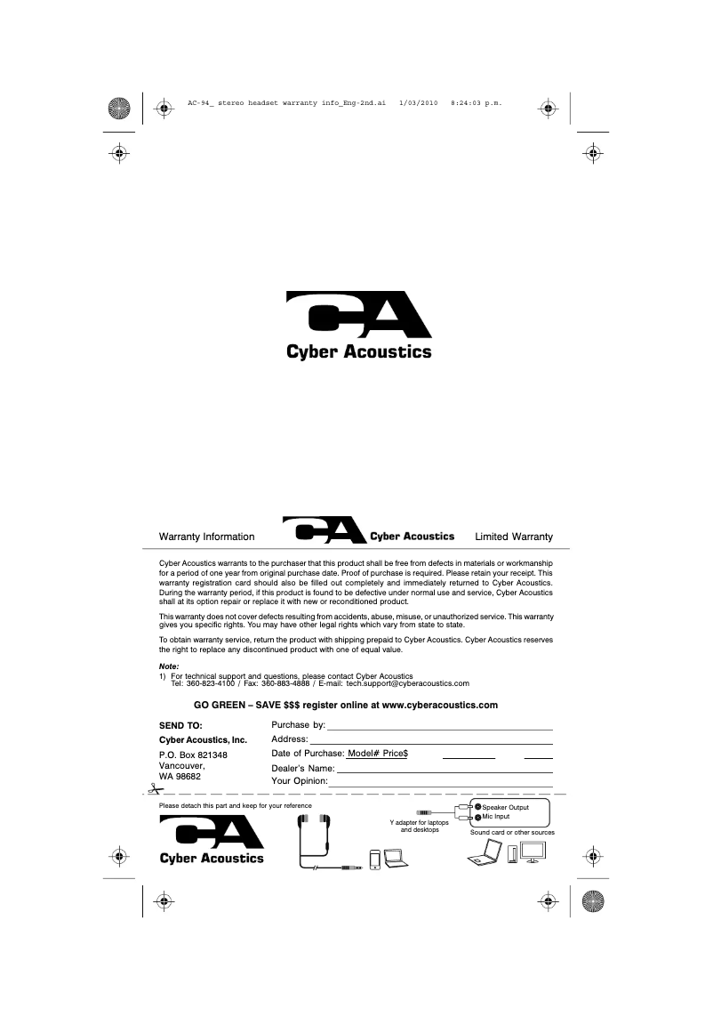 Page 1 de la notice Manuel utilisateur Cyber Acoustics AC-94