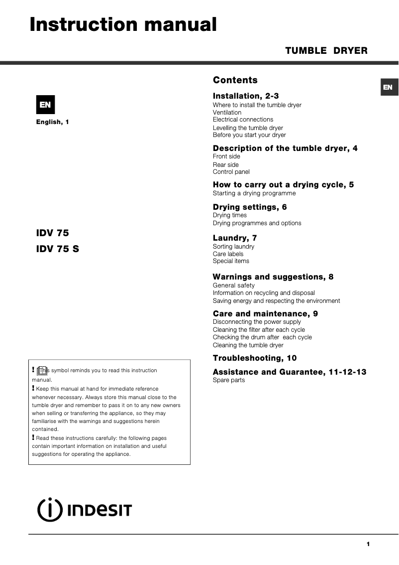Página 1 del manual Manual de instrucciones Indesit IDV 75 (UK)
