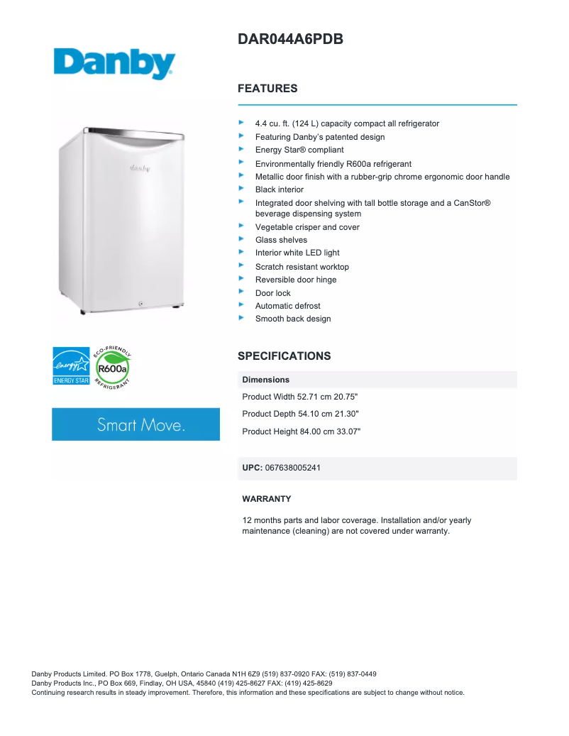 Page 1 de la notice Fiche technique Danby DAR044A6