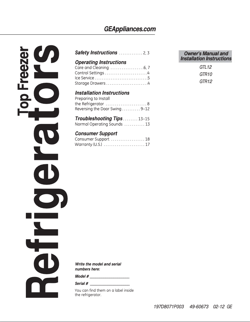 Page n°1 - Manuel d'utilisation et d'entretien GE GTL12HBDBS