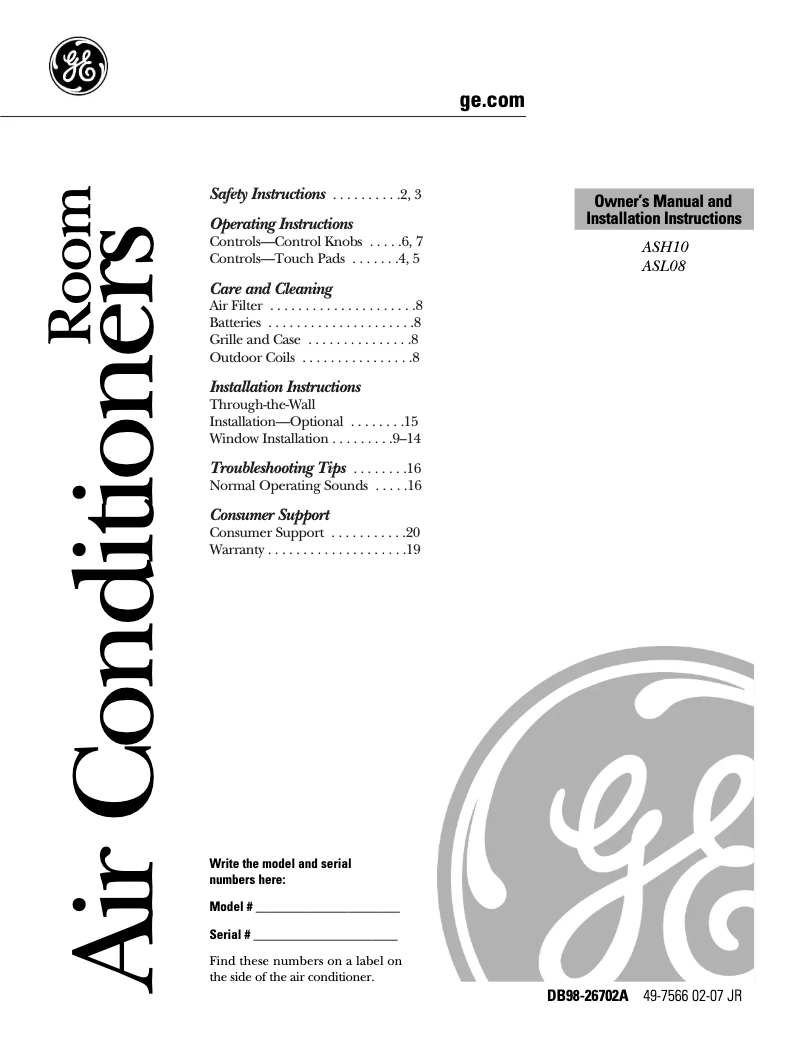 Página 1 del manual Manual de uso y mantenimiento GE ASL08FK