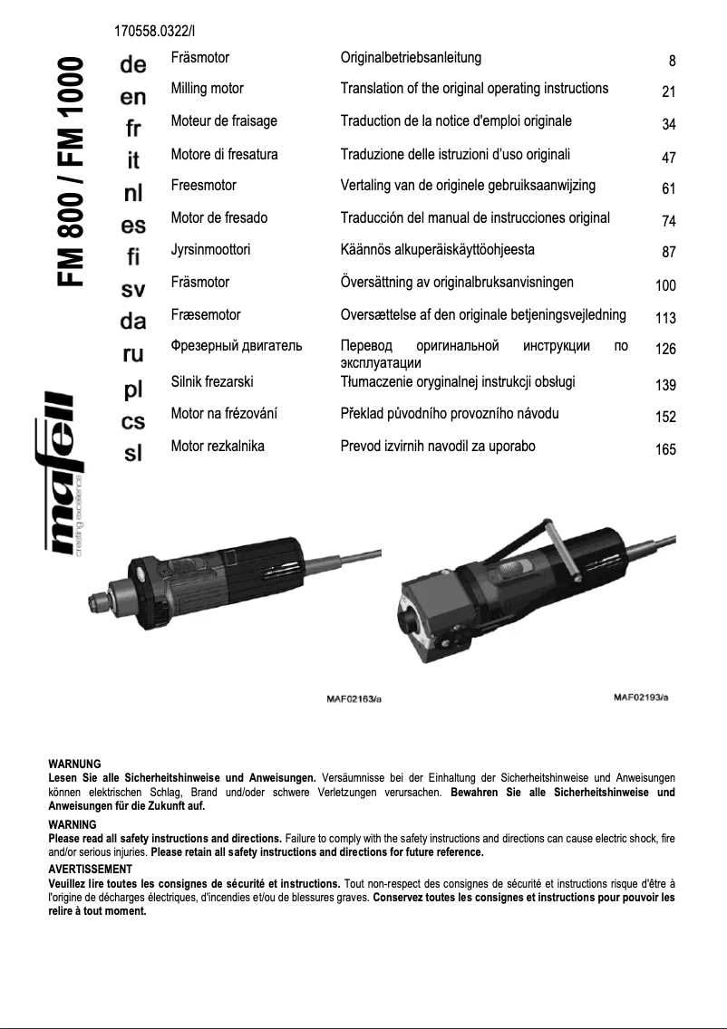 Page 1 de la notice Manuel utilisateur Mafell FM 1000 PV-ER