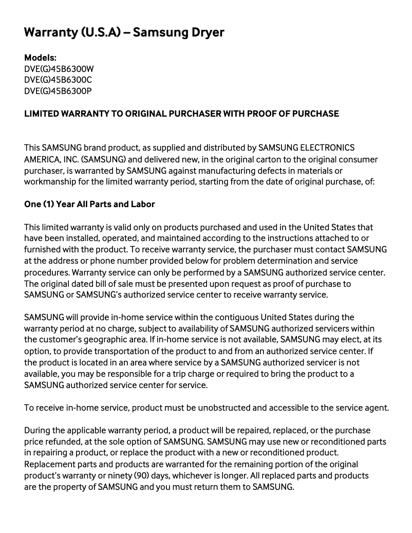 Página 1 del manual Información de garantía Samsung DVG45B6300W