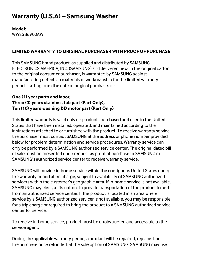 Página 1 del manual Información de garantía Samsung WW25B6900AW