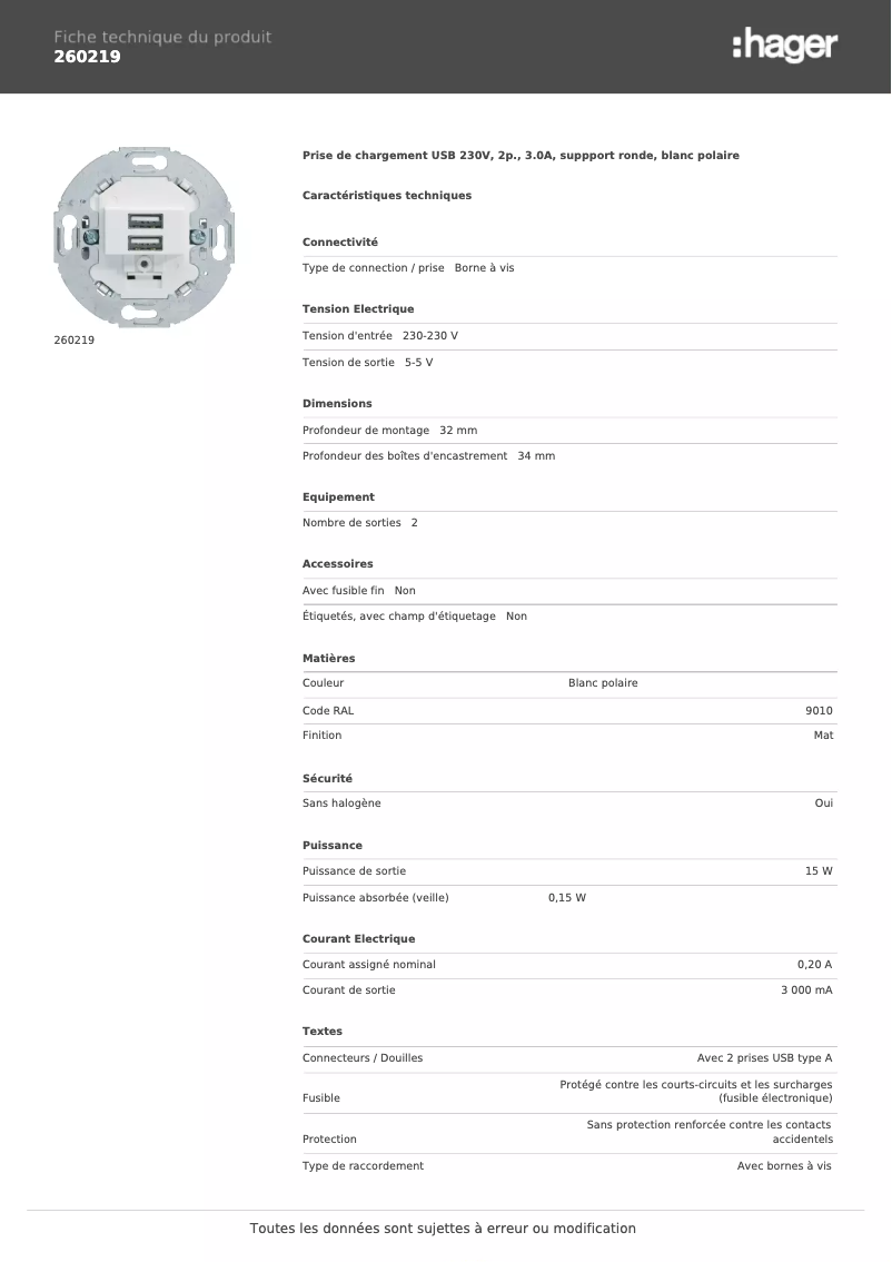 Page 1 de la notice Fiche technique Berker 260219