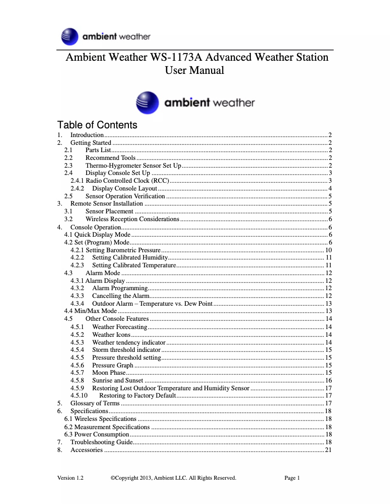 Page 1 de la notice Manuel utilisateur Ambient Weather WS-1173A