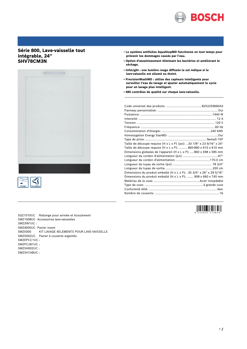 Page 1 de la notice Fiche technique Bosch SHV78CM3N