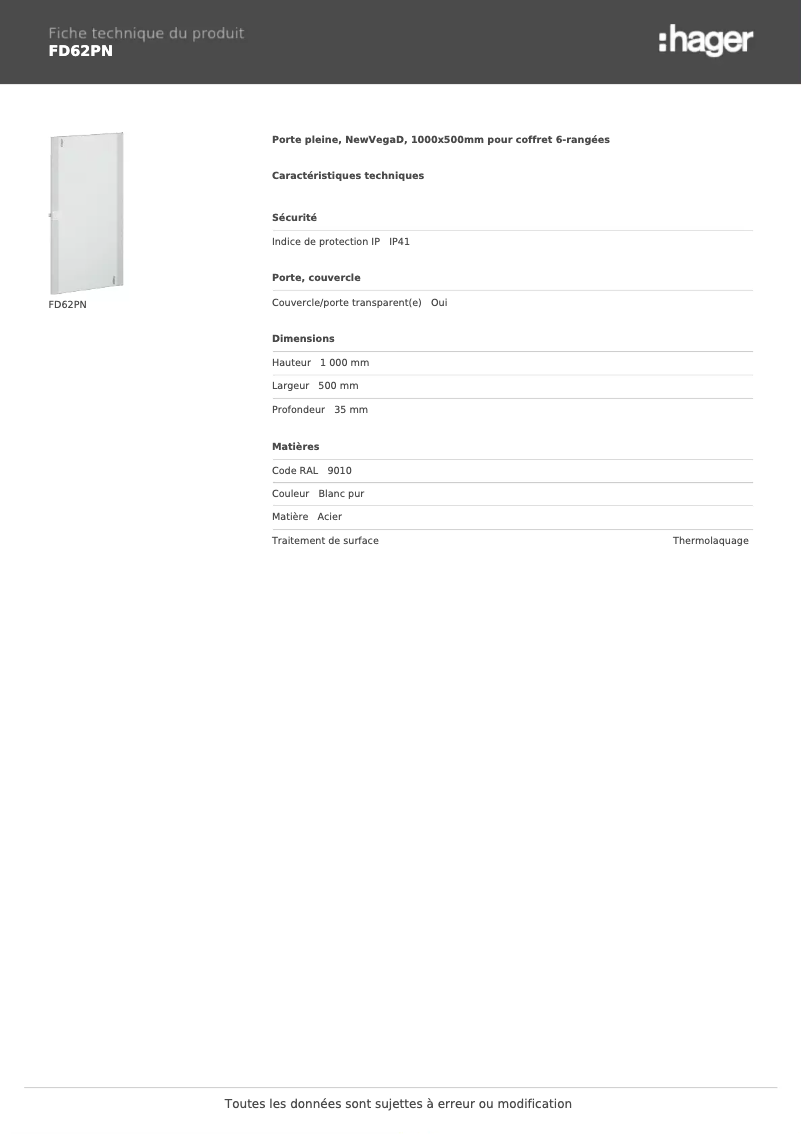 Page 1 de la notice Fiche technique Hager FD62PN